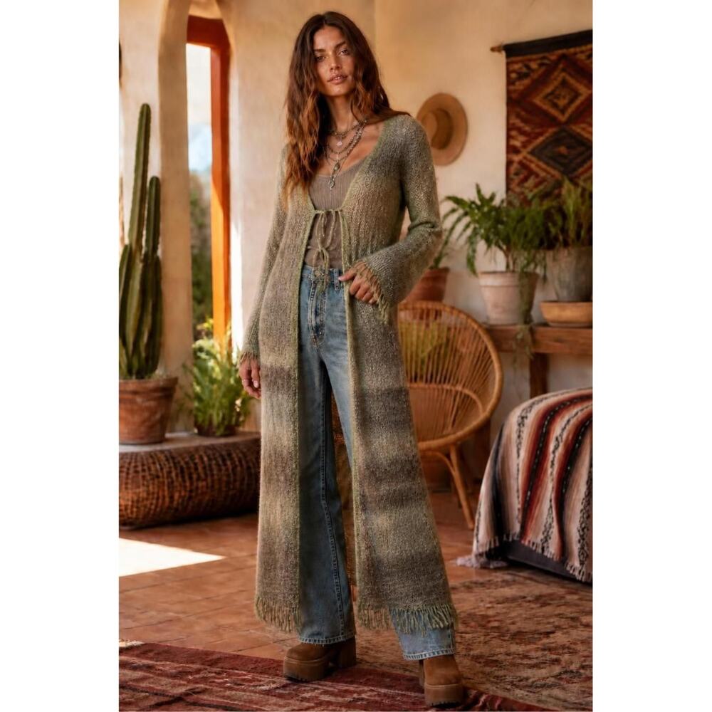 VTG 90s Cardigan Sweater Maxi Mohair Blend Double Tie Fringed Hippie Boho Mod M